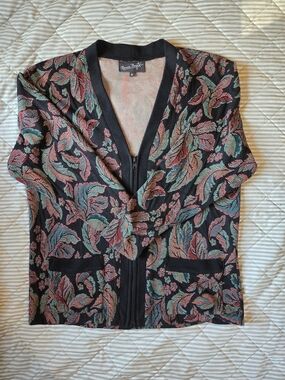 Floral Zip-Front Cardigan Sweater in Black with Pink & Teal Leaves